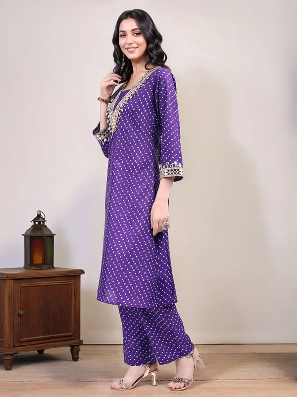 Purple_Bandhani_Printed_Dola_Silk_Mirror_Work_A-Line_Kurta_With_Printed_Dola_Silk_Trouser_For_Women