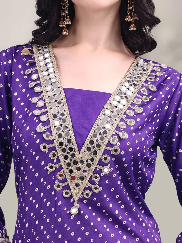 Purple_Bandhani_Printed_Dola_Silk_Mirror_Work_A-Line_Kurta_With_Printed_Dola_Silk_Trouser_For_Women