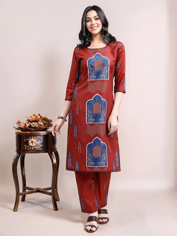 Women_Rust_Cotton_Blend_Architectural_Printed_Straight_Kurta_with_Matching_Trousers