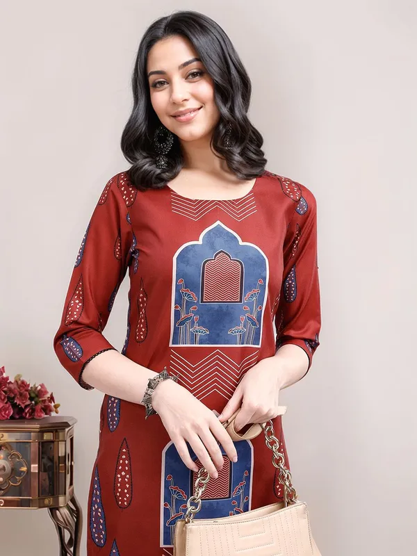 Women_Rust_Cotton_Blend_Architectural_Printed_Straight_Kurta_with_Matching_Trousers