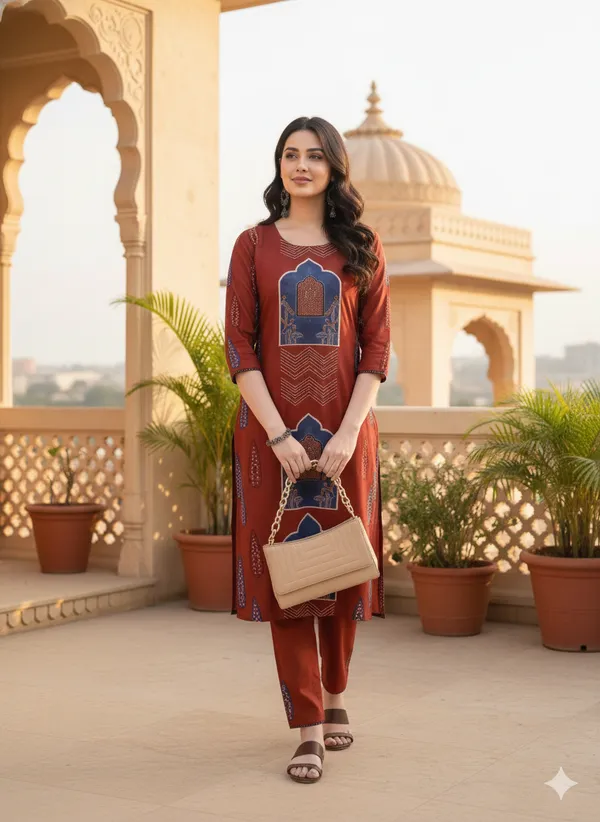 Women_Rust_Cotton_Blend_Architectural_Printed_Straight_Kurta_with_Matching_Trousers