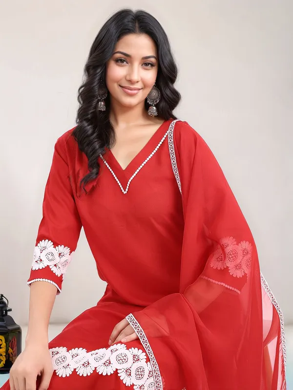 Red_Solid_Solid_Viscose_Rayon_Lace_Detailing_Straight_Kurta_With_Solid_Viscose_Rayon_Trouser_And_Solid_Dupatta_For_Women