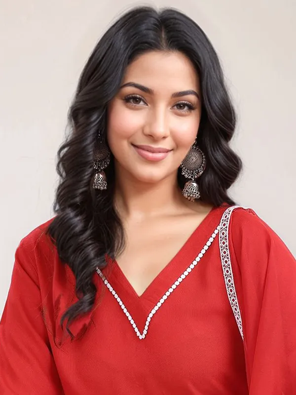 Red_Solid_Solid_Viscose_Rayon_Lace_Detailing_Straight_Kurta_With_Solid_Viscose_Rayon_Trouser_And_Solid_Dupatta_For_Women