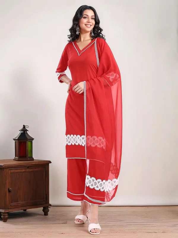 Red_Solid_Solid_Viscose_Rayon_Lace_Detailing_Straight_Kurta_With_Solid_Viscose_Rayon_Trouser_And_Solid_Dupatta_For_Women