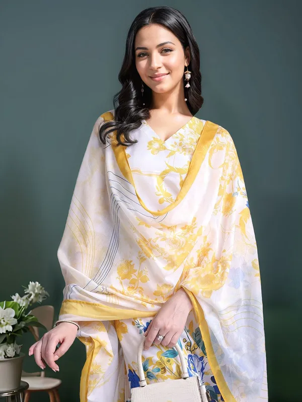 White_&_Yellow_Floral_Printed_Cotton_Blend_Straight_Kurta_With_Printed_Cotton_Blend_Trouser_And_Printed_Dupatta_For_Women
