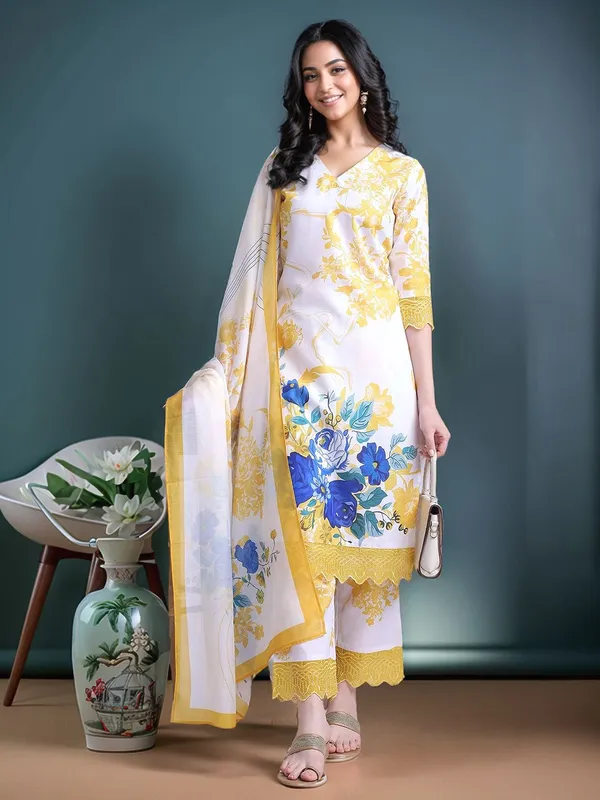 White_&_Yellow_Floral_Printed_Cotton_Blend_Straight_Kurta_With_Printed_Cotton_Blend_Trouser_And_Printed_Dupatta_For_Women