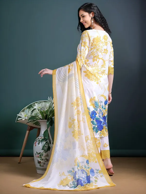 White_&_Yellow_Floral_Printed_Cotton_Blend_Straight_Kurta_With_Printed_Cotton_Blend_Trouser_And_Printed_Dupatta_For_Women