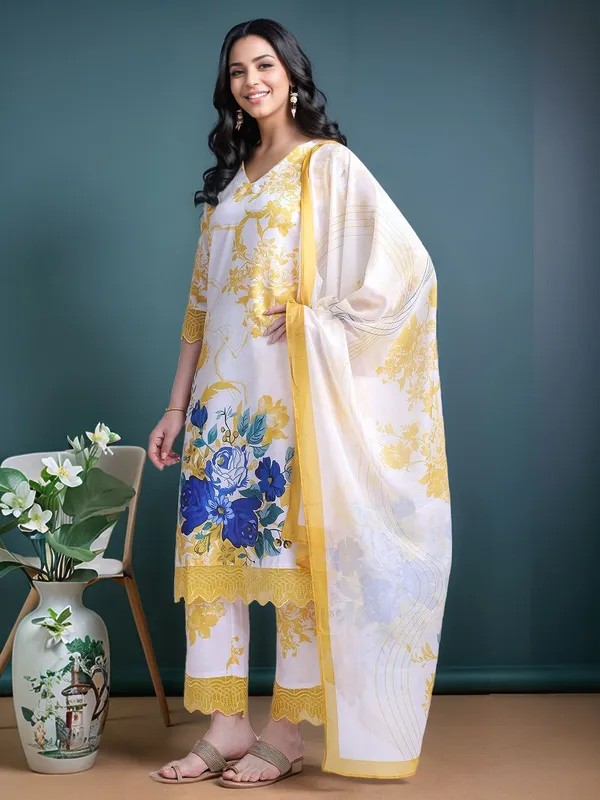 White_&_Yellow_Floral_Printed_Cotton_Blend_Straight_Kurta_With_Printed_Cotton_Blend_Trouser_And_Printed_Dupatta_For_Women