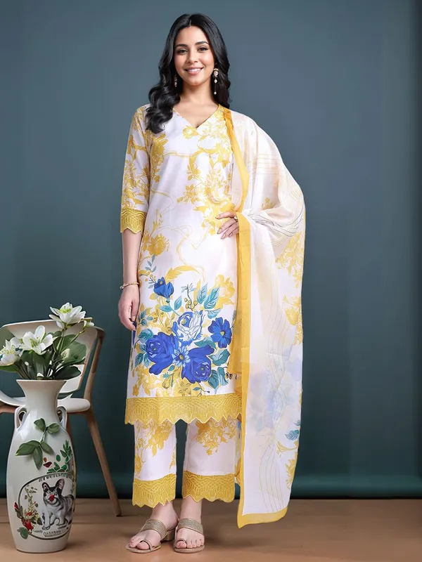 White_&_Yellow_Floral_Printed_Cotton_Blend_Straight_Kurta_With_Printed_Cotton_Blend_Trouser_And_Printed_Dupatta_For_Women