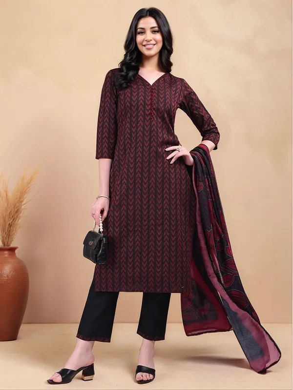 Black_&_Red_Woven_Design_Cotton_Blend_Straight_Kurta_With_Solid_Cotton_Blend_Trouser_And_Printed_Dupatta_For_Women