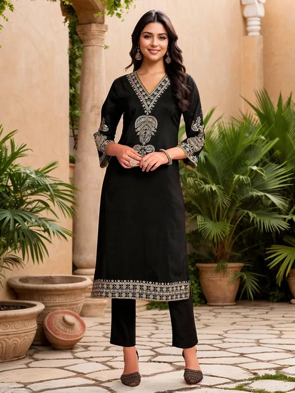 Women_Black_Chinon_Thread_work_Embroidered_V-Neck_straight_Kurta_Set