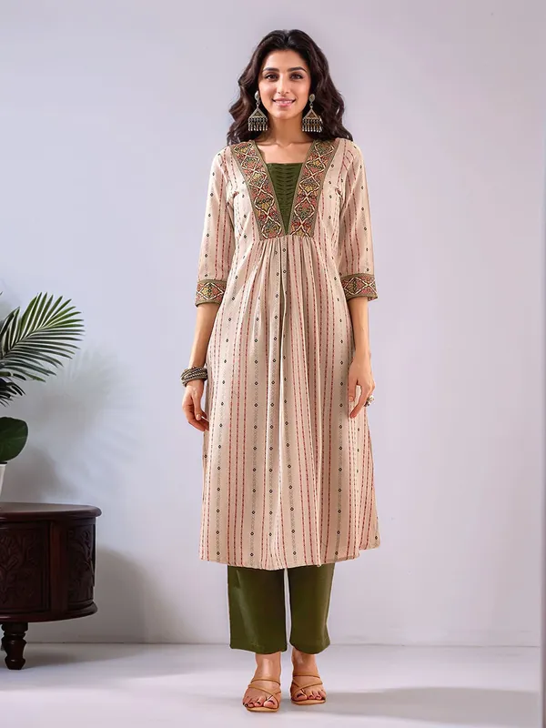 Women_Beige_Pure_Cotton_Handloom_Woven_V-Neck_A-line_Kurta_Set_with_Lace_Detailing