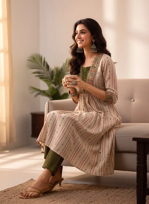 Women_Beige_Pure_Cotton_Handloom_Woven_V-Neck_A-line_Kurta_Set_with_Lace_Detailing