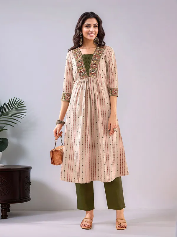 Women_Beige_Pure_Cotton_Handloom_Woven_V-Neck_A-line_Kurta_Set_with_Lace_Detailing