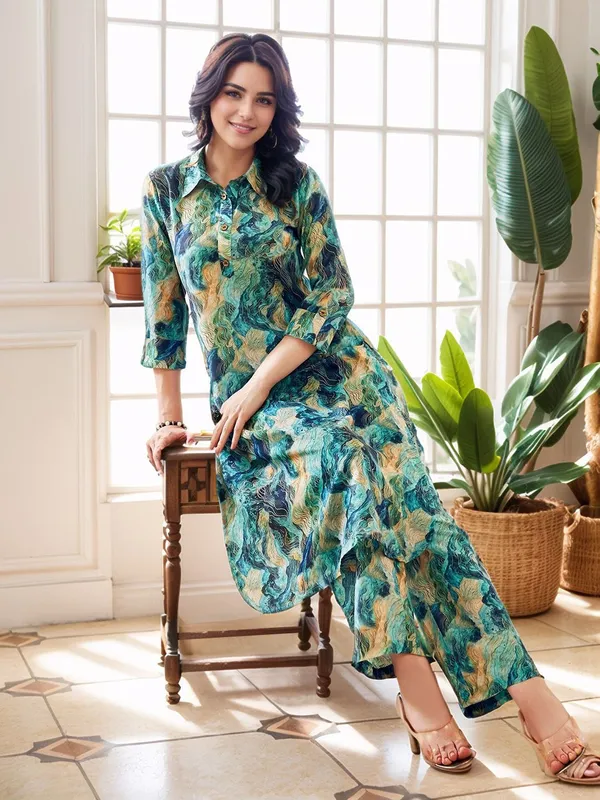 Women_Turquoise_Blue_Cotton_Blend_Abstract_printed_Straight_kurta_&_printed_Trousers