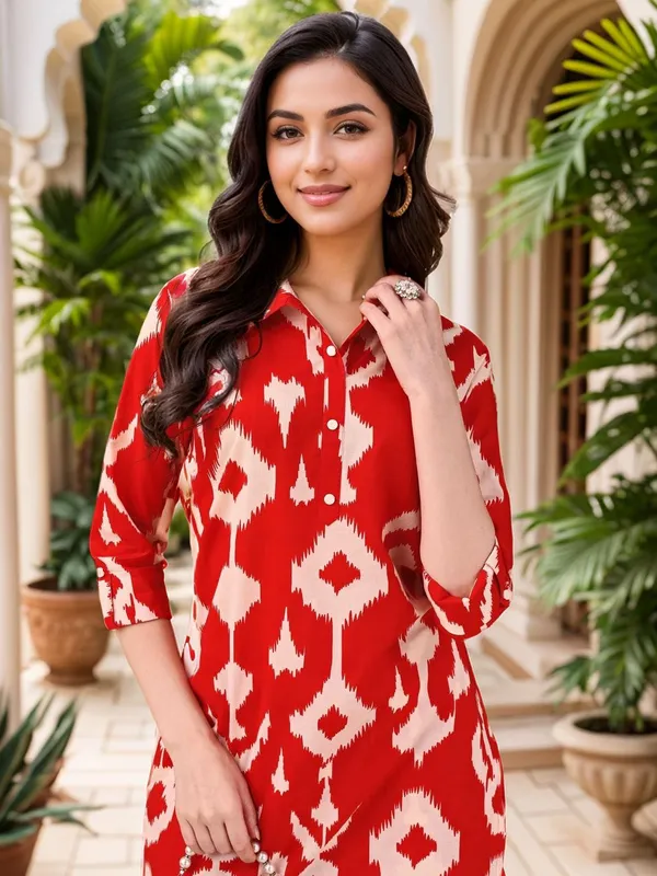 Women_Red_Cotton_blend_Ikat_Printed_Straight_kurta_&_Printed_Trousers