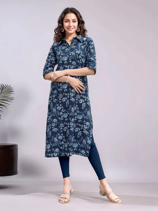 Women_Blue_cotton_blend_Digital_Floral_Printed_Shirt_Collar_straight_kurta