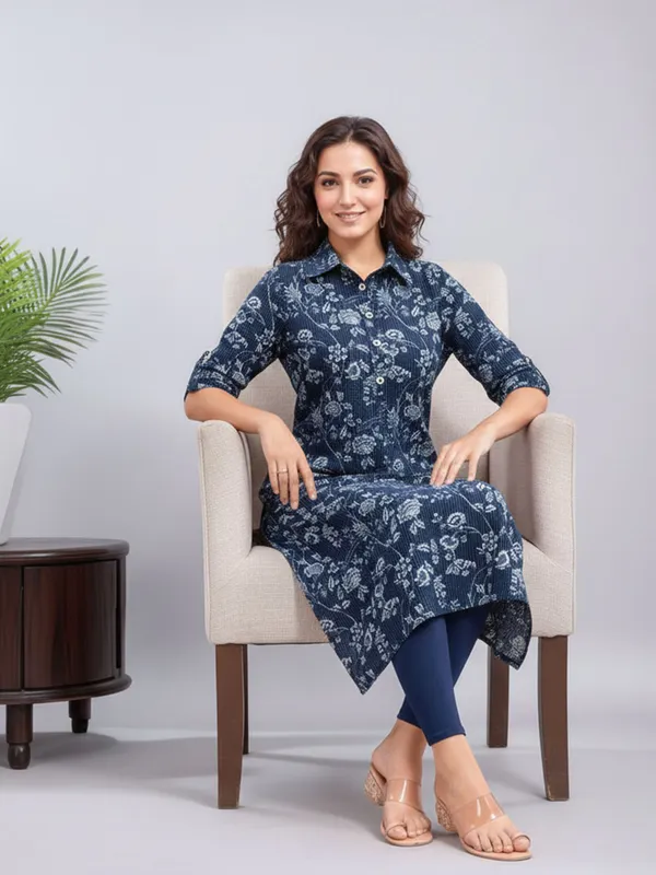 Women_Blue_cotton_blend_Digital_Floral_Printed_Shirt_Collar_straight_kurta