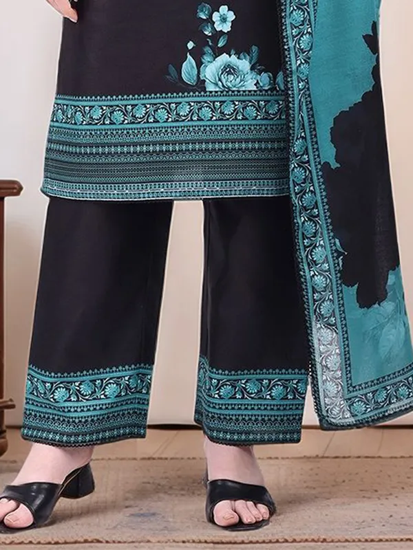 Black_&_Turquoise_Blue_Floral_Printed_Cotton_Blend_Straight_Kurta_With_Printed_Cotton_Blend_Trouser_And_Printed_Dupatta_For_Women