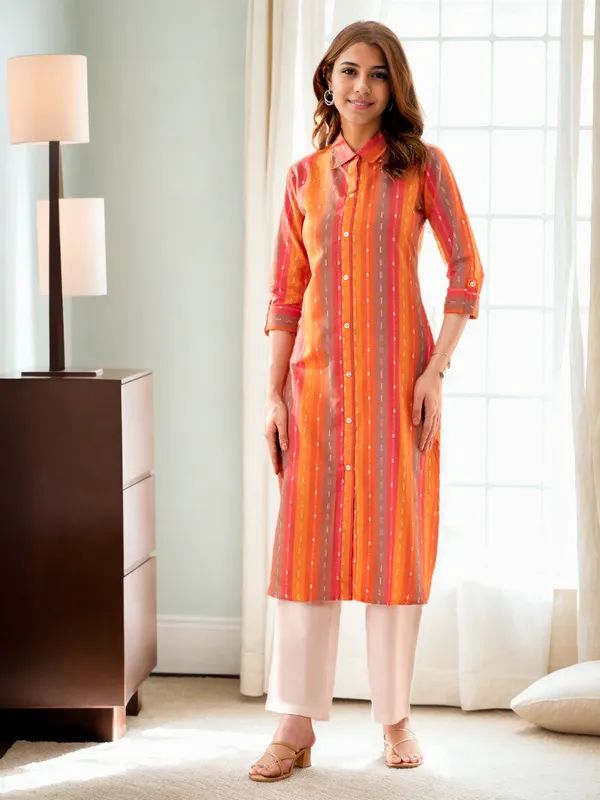 Women_Multi-_Coloured_pure_cotton_Handloom_Woven_Straight_kurta_&_Solid_Trousers
