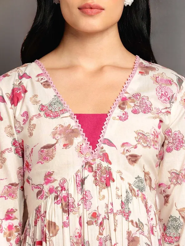 Cream_&_Pink_Floral_Printed_Pure_Cotton_Anarkali_Kurta_With_Solid_Cotton_Blend_Trouser_And_Printed_Dupatta_For_Women