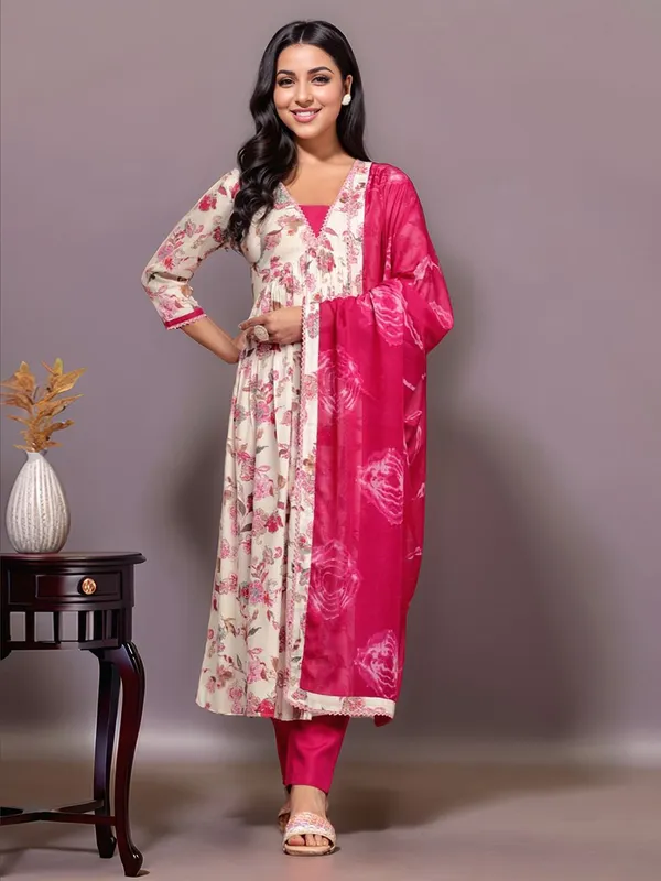 Cream_&_Pink_Floral_Printed_Pure_Cotton_Anarkali_Kurta_With_Solid_Cotton_Blend_Trouser_And_Printed_Dupatta_For_Women