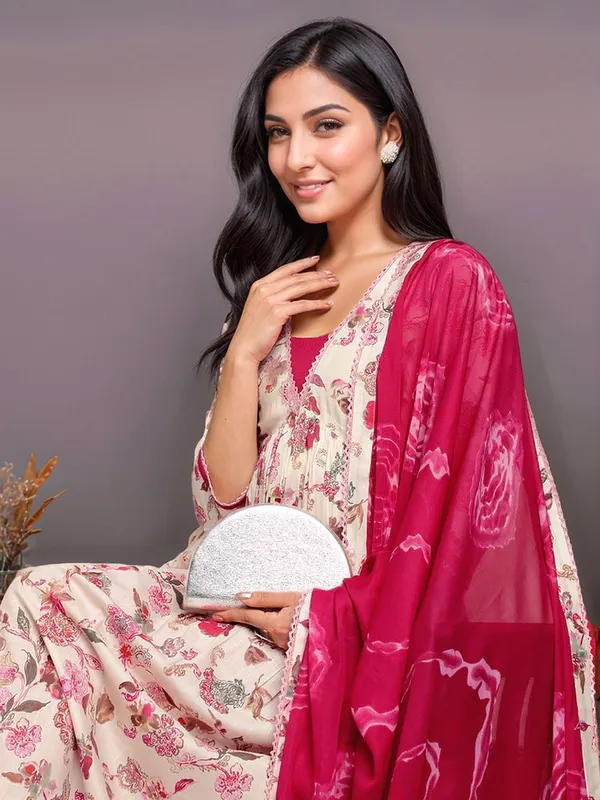 Cream_&_Pink_Floral_Printed_Pure_Cotton_Anarkali_Kurta_With_Solid_Cotton_Blend_Trouser_And_Printed_Dupatta_For_Women