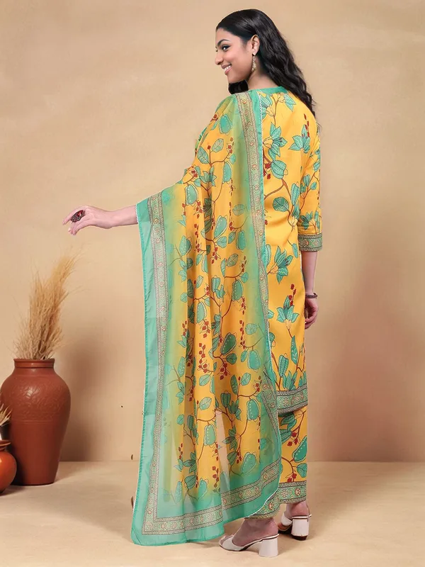 Yellow_Floral_Printed_Cotton_Blend_Straight_Kurta_With_Printed_Cotton_Blend_Trouser_And_Printed_Dupatta_For_Women