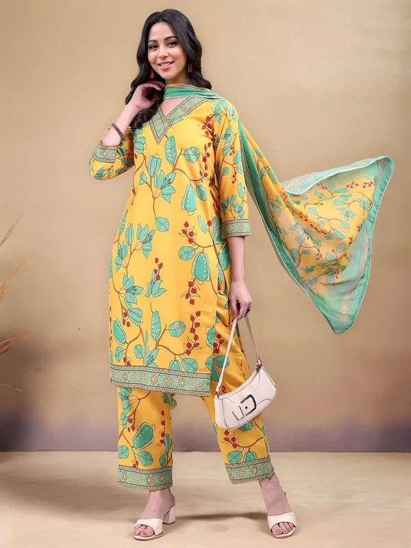 Yellow_Floral_Printed_Cotton_Blend_Straight_Kurta_With_Printed_Cotton_Blend_Trouser_And_Printed_Dupatta_For_Women