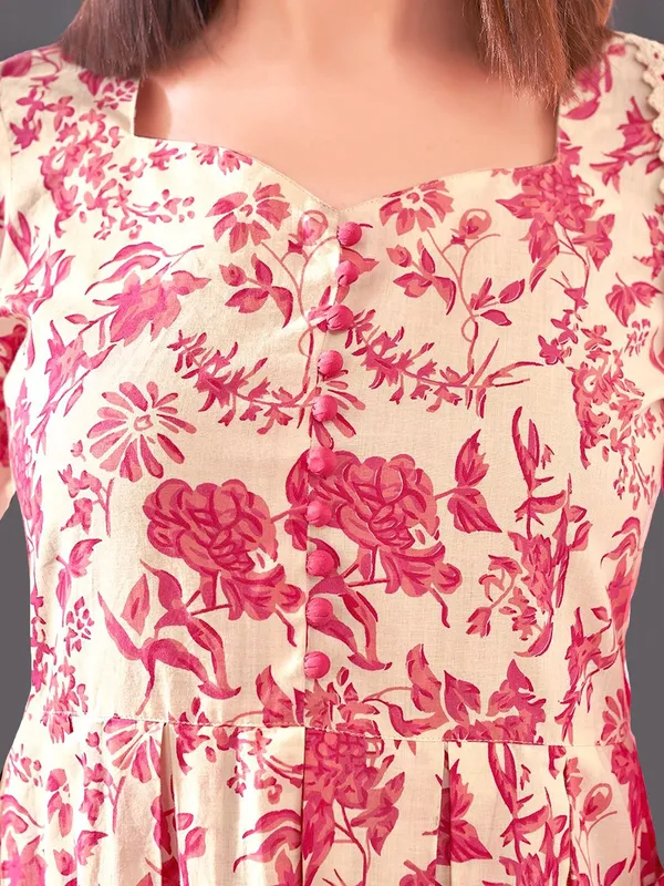 Cream_&_Pink_Floral_Printed_Pure_Cotton_Anarkali_Kurta_With_Solid_Cotton_Blend_Trouser_And_Embroidered_Dupatta_For_Women