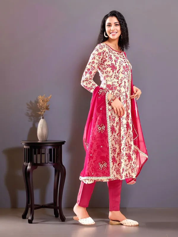 Cream_&_Pink_Floral_Printed_Pure_Cotton_Anarkali_Kurta_With_Solid_Cotton_Blend_Trouser_And_Embroidered_Dupatta_For_Women