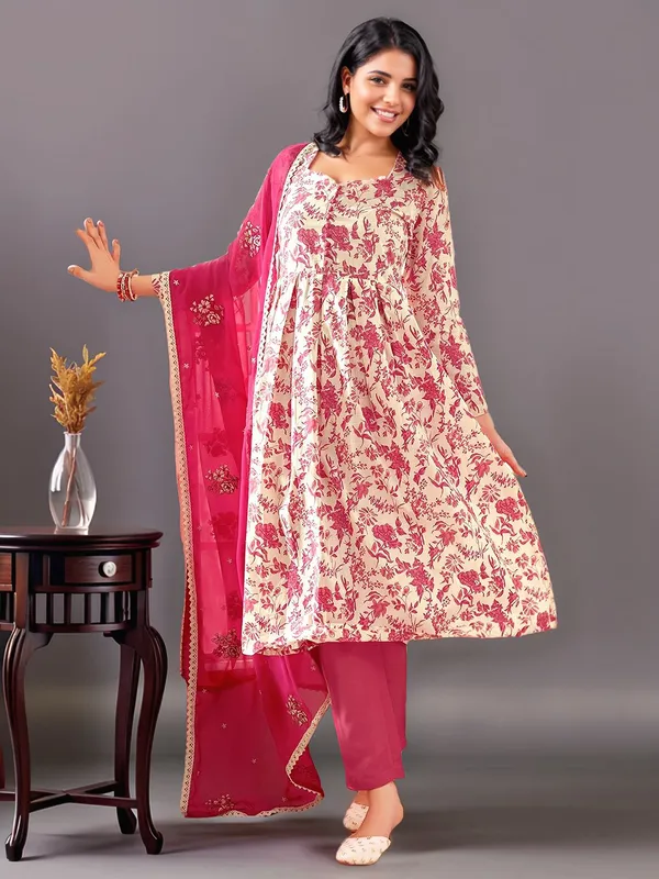 Cream_&_Pink_Floral_Printed_Pure_Cotton_Anarkali_Kurta_With_Solid_Cotton_Blend_Trouser_And_Embroidered_Dupatta_For_Women