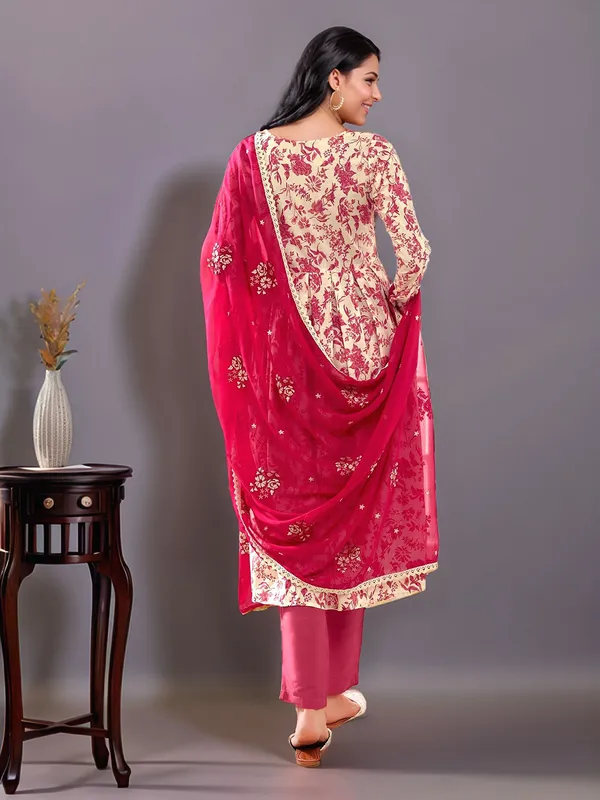 Cream_&_Pink_Floral_Printed_Pure_Cotton_Anarkali_Kurta_With_Solid_Cotton_Blend_Trouser_And_Embroidered_Dupatta_For_Women