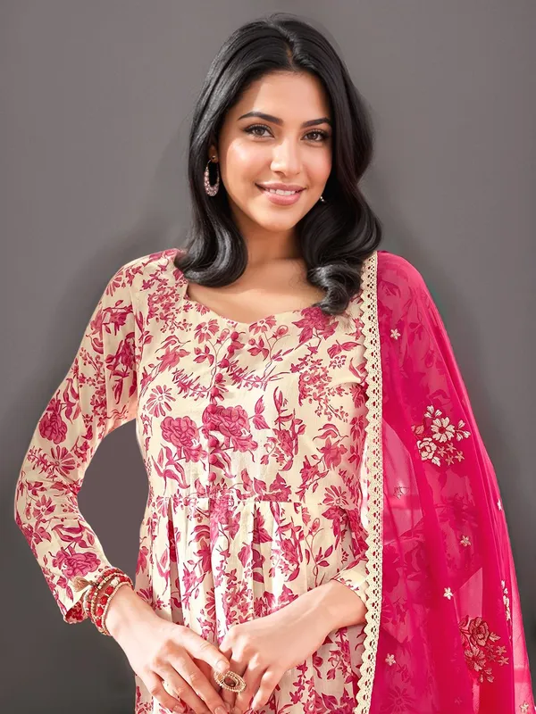 Cream_&_Pink_Floral_Printed_Pure_Cotton_Anarkali_Kurta_With_Solid_Cotton_Blend_Trouser_And_Embroidered_Dupatta_For_Women