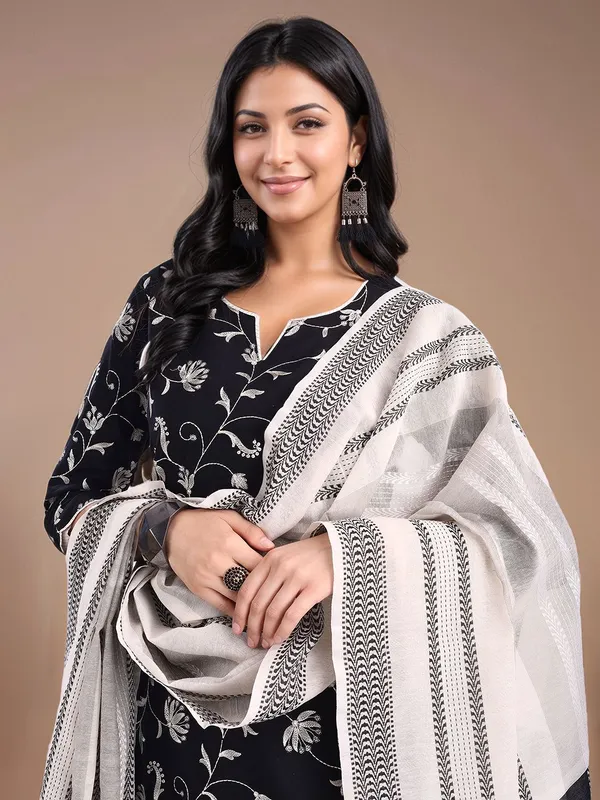 Black_Floral_Embroidered_Pure_Cotton_Straight_Kurta_With_Woven_Pure_Cotton_Trouser_And_Woven_Dupatta_For_Women