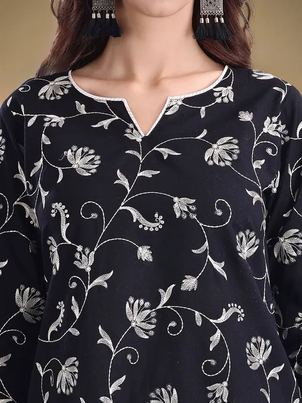 Black_Floral_Embroidered_Pure_Cotton_Straight_Kurta_With_Woven_Pure_Cotton_Trouser_And_Woven_Dupatta_For_Women