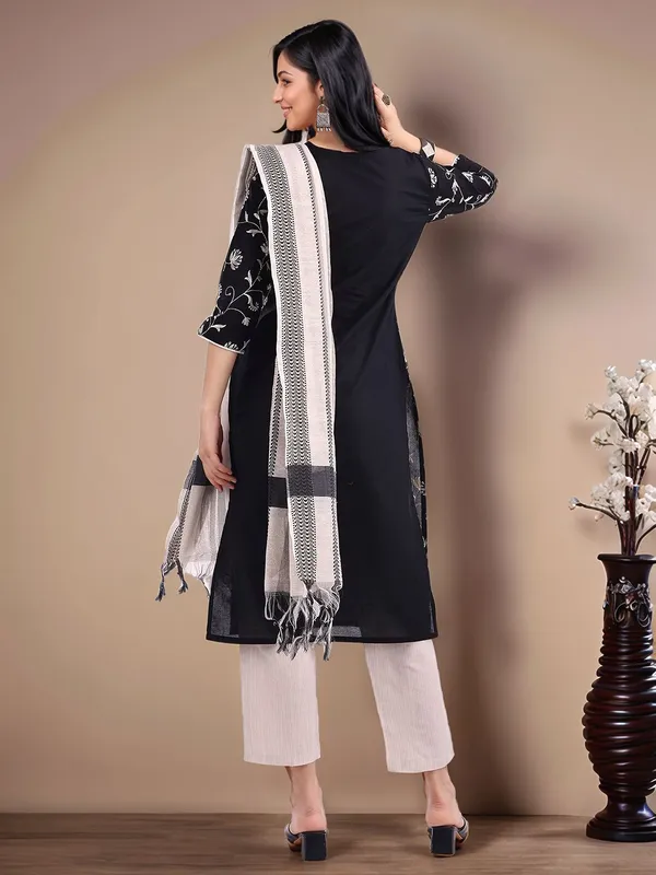 Black_Floral_Embroidered_Pure_Cotton_Straight_Kurta_With_Woven_Pure_Cotton_Trouser_And_Woven_Dupatta_For_Women