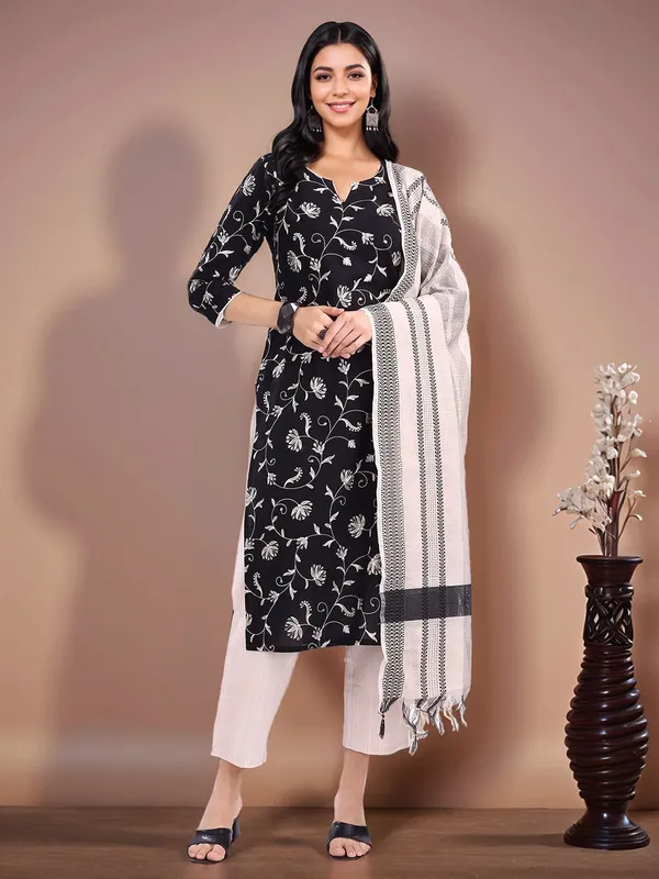 Black_Floral_Embroidered_Pure_Cotton_Straight_Kurta_With_Woven_Pure_Cotton_Trouser_And_Woven_Dupatta_For_Women