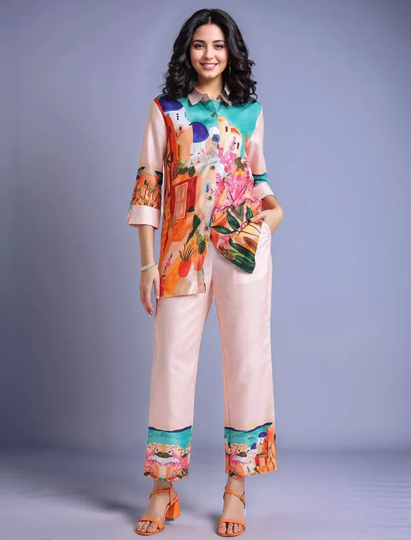 Peach_Digital_Printed_Cotton_Blend_Shirt_With_Printed_Cotton_Blend_Trouser_For_Women