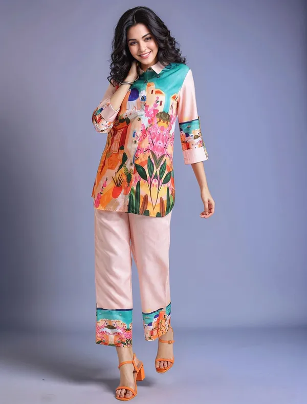 Peach_Digital_Printed_Cotton_Blend_Shirt_With_Printed_Cotton_Blend_Trouser_For_Women