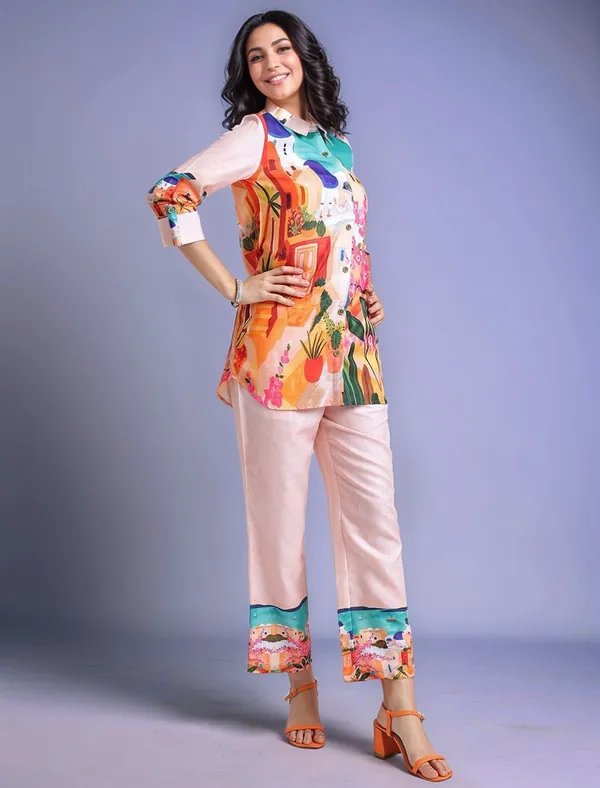 Peach_Digital_Printed_Cotton_Blend_Shirt_With_Printed_Cotton_Blend_Trouser_For_Women