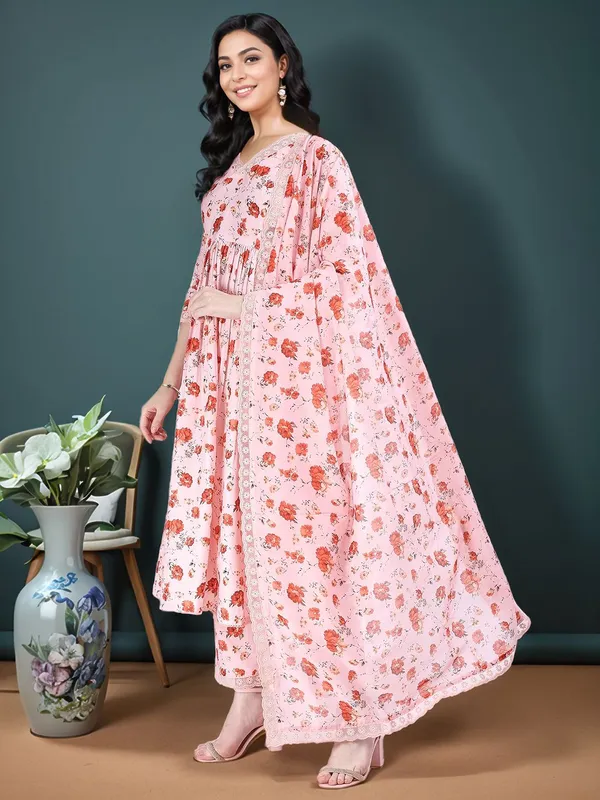 Light_Pink_Floral_Printed_Cotton_Blend_Anarkali_Kurta_With_Printed_Cotton_Blend_Trouser_And_Printed_Dupatta_For_Women