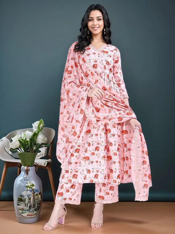 Light_Pink_Floral_Printed_Cotton_Blend_Anarkali_Kurta_With_Printed_Cotton_Blend_Trouser_And_Printed_Dupatta_For_Women