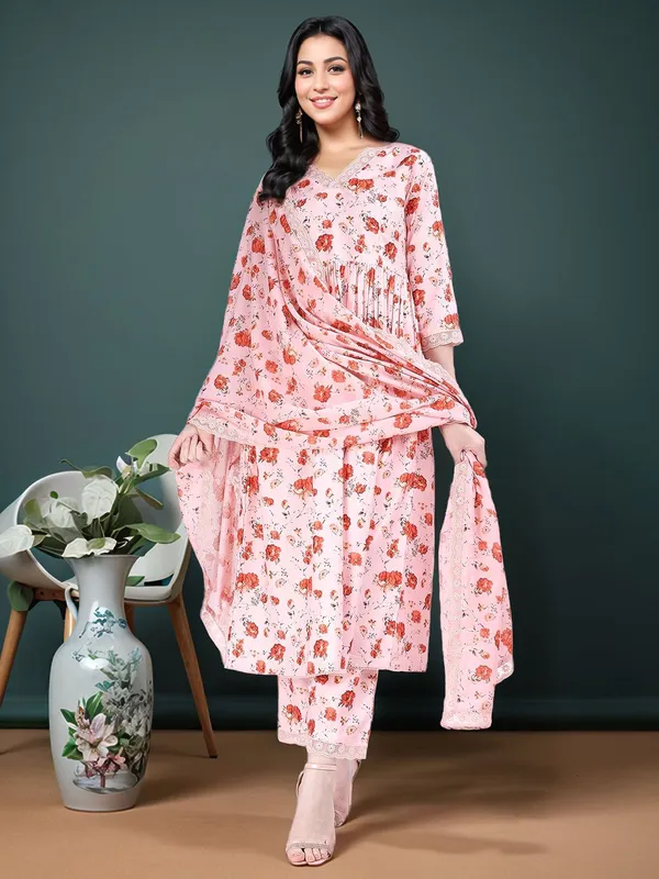 Light_Pink_Floral_Printed_Cotton_Blend_Anarkali_Kurta_With_Printed_Cotton_Blend_Trouser_And_Printed_Dupatta_For_Women