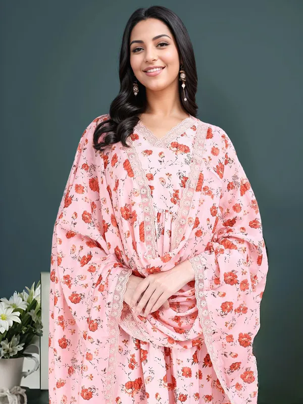 Light_Pink_Floral_Printed_Cotton_Blend_Anarkali_Kurta_With_Printed_Cotton_Blend_Trouser_And_Printed_Dupatta_For_Women