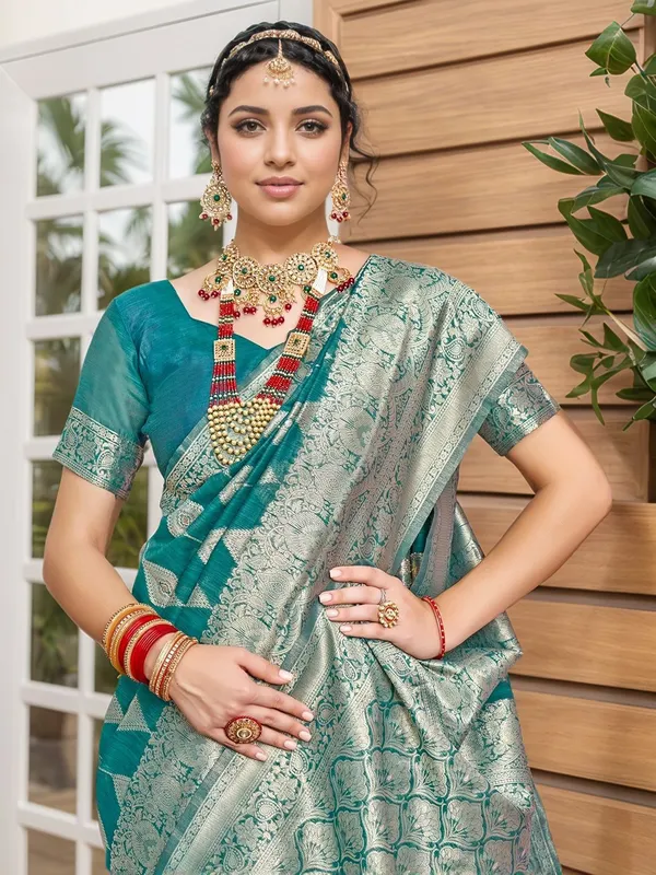 Turquoise_Blue_Woven_Chanderi_Linen_Blend_Saree_For_Women