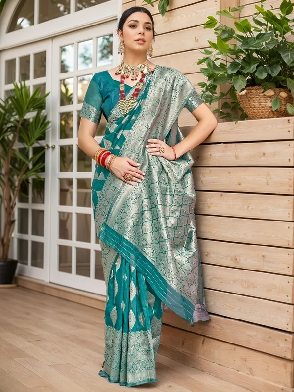 Turquoise_Blue_Woven_Chanderi_Linen_Blend_Saree_For_Women