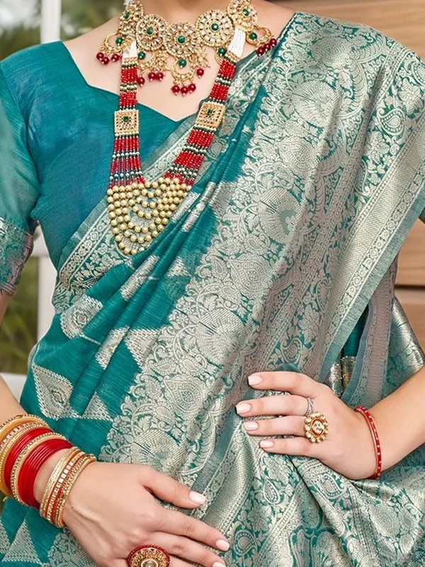 Turquoise_Blue_Woven_Chanderi_Linen_Blend_Saree_For_Women
