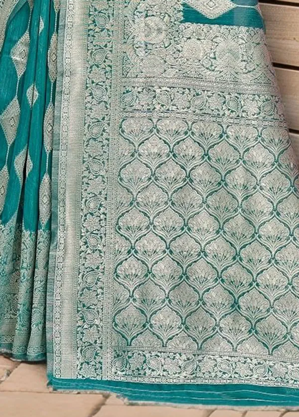 Turquoise_Blue_Woven_Chanderi_Linen_Blend_Saree_For_Women
