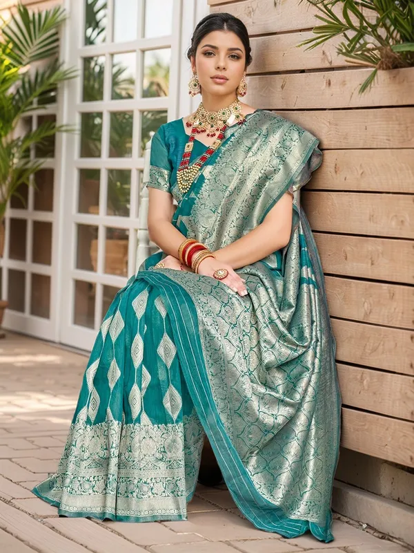 Turquoise_Blue_Woven_Chanderi_Linen_Blend_Saree_For_Women
